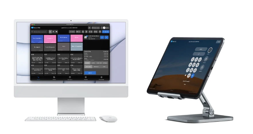 BelloPOS op een desktopcomputer en op een tablet in een standaard