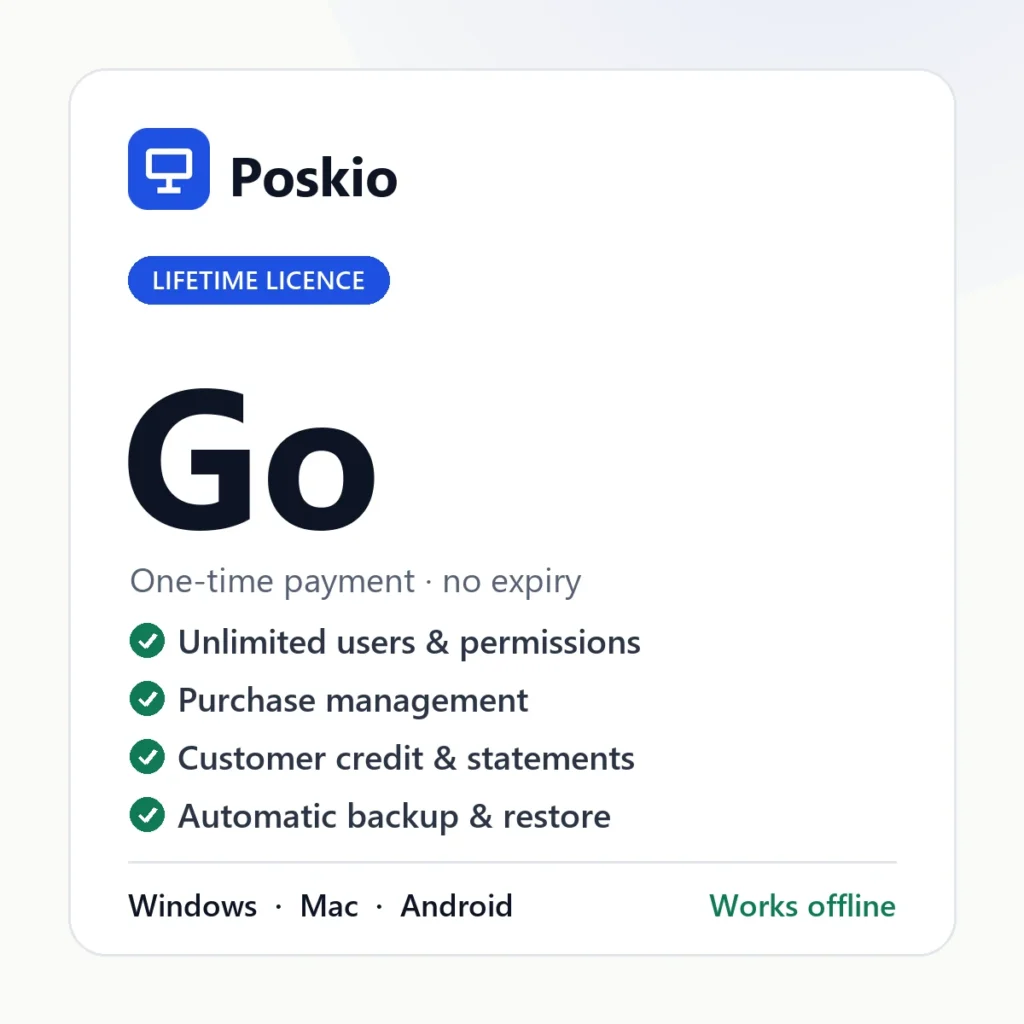 Poskio Go lifetime licence — POS software for Windows, Mac and Android