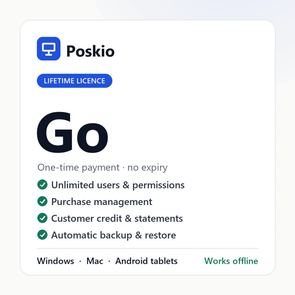 Poskio Go lifetime licence — POS software for Windows, Mac and Android tablets
