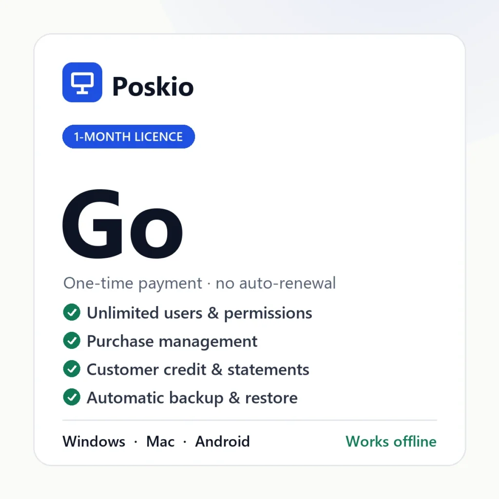 Poskio Go one-month licence — POS software for Windows, Mac and Android