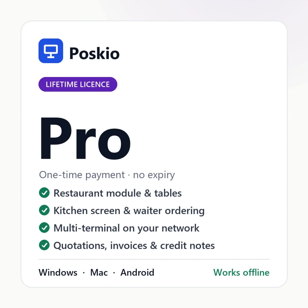 Poskio Pro lifetime licence — POS software for Windows, Mac and Android
