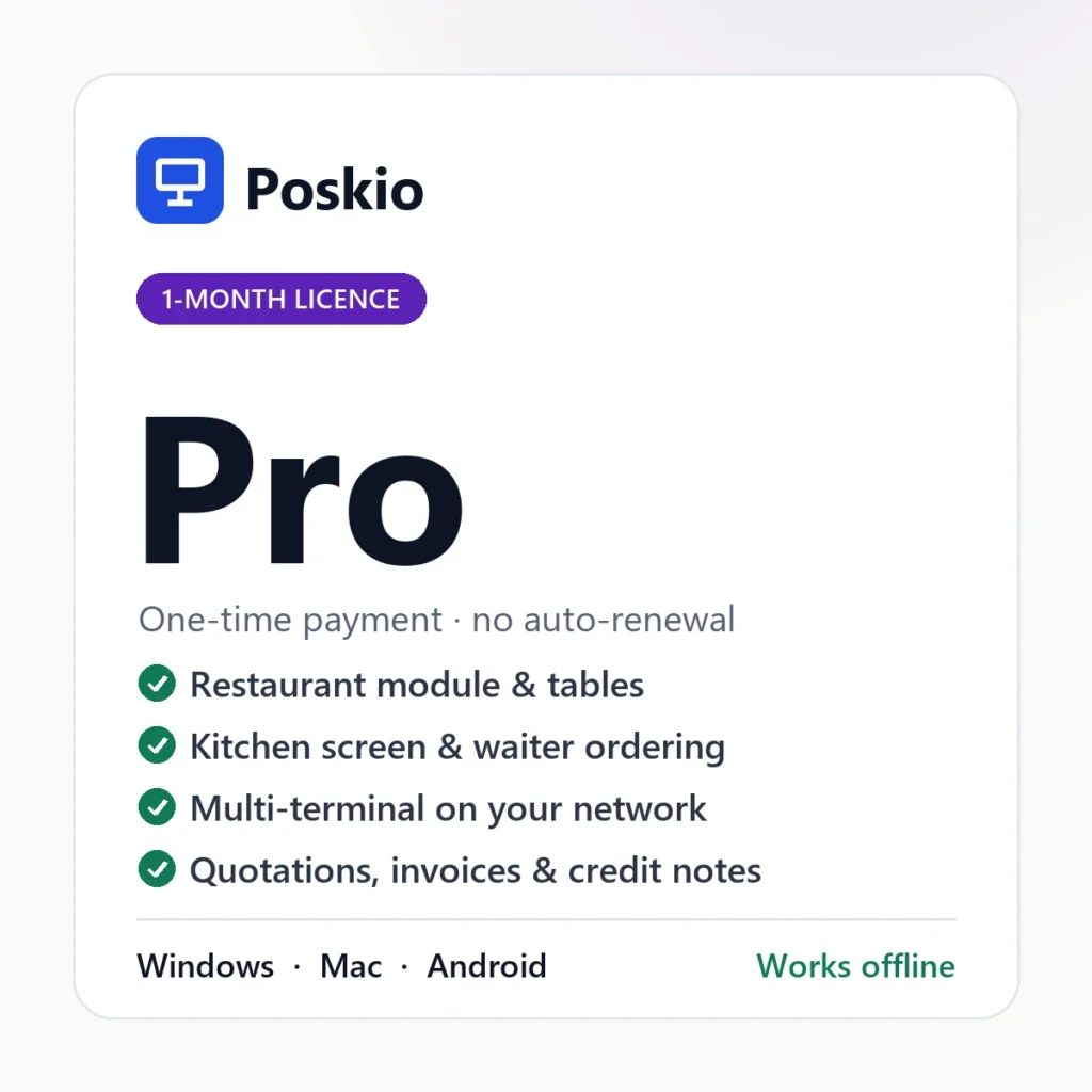 Poskio Pro one-month licence — POS software for Windows, Mac and Android