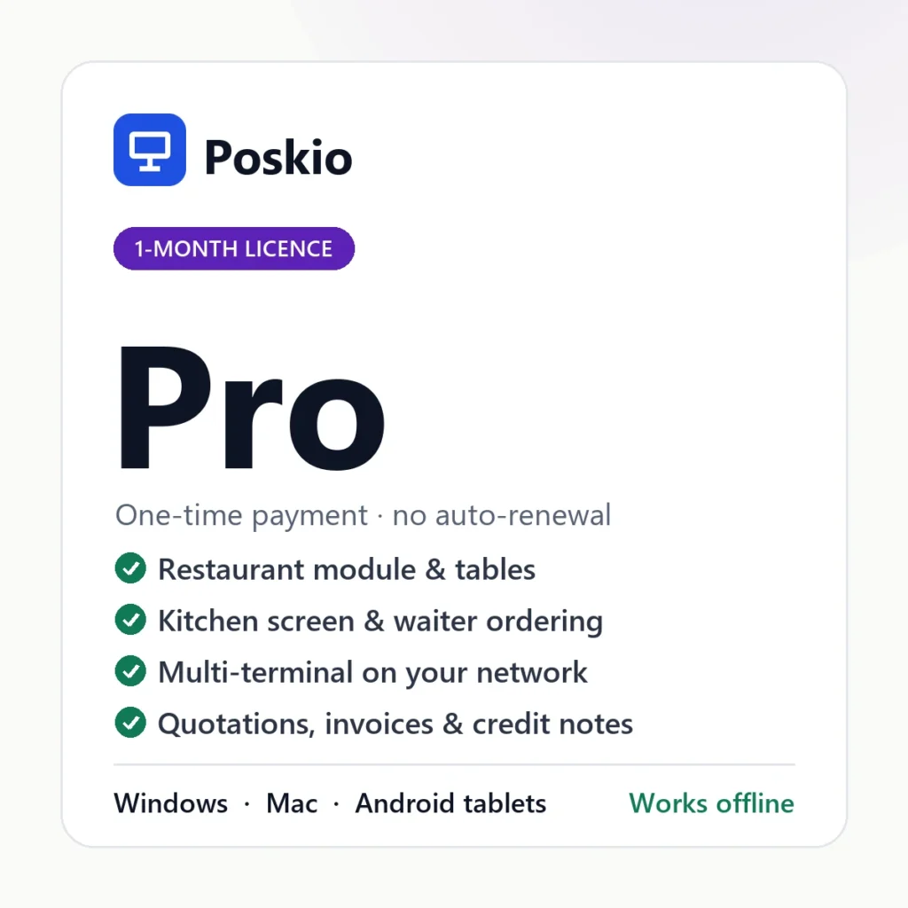 Poskio Pro one-month licence — POS software for Windows, Mac and Android tablets