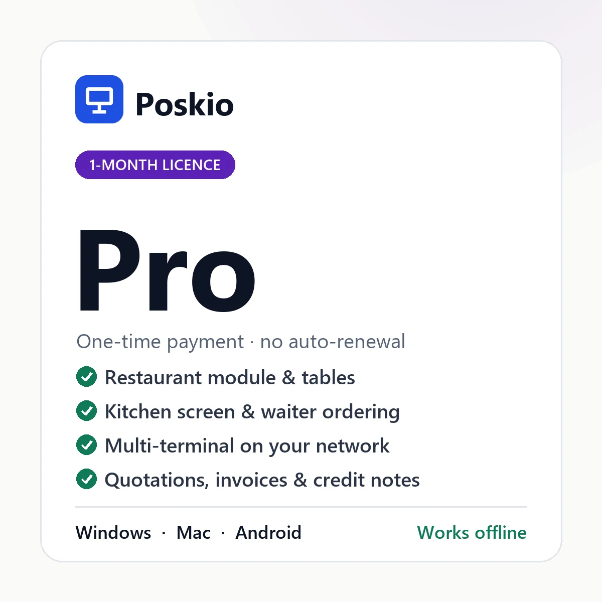 Poskio Pro one-month licence — POS software for Windows, Mac and Android