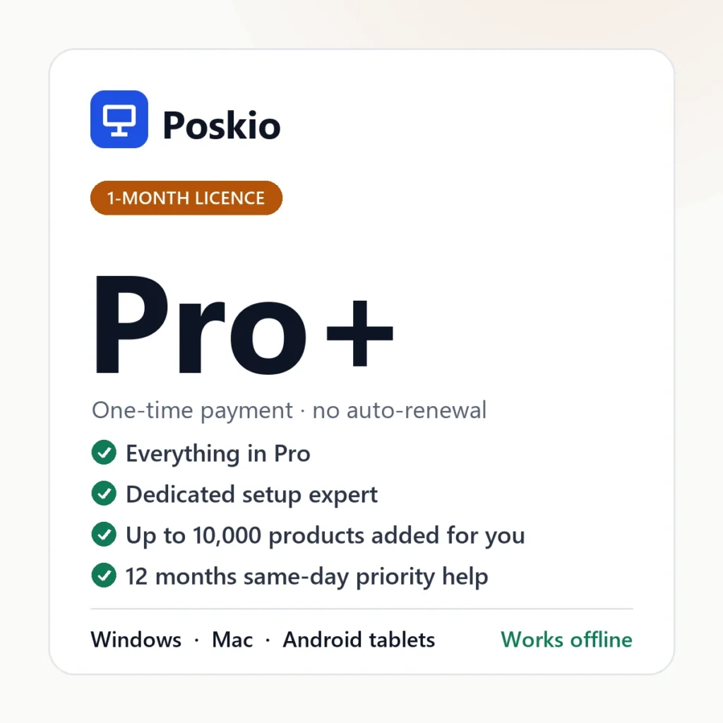 Poskio Pro+ one-month licence — POS software for Windows, Mac and Android tablets