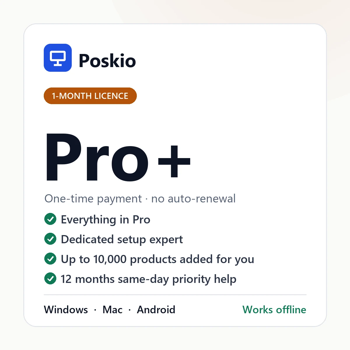 Poskio Pro+ one-month licence — POS software for Windows, Mac and Android